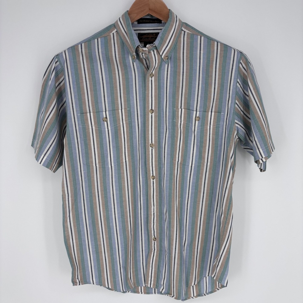 Vintage Eddie Bauer Short Sleeve Northwest Chambray Shirt Mens M Blue Striped - Picture 2 of 7